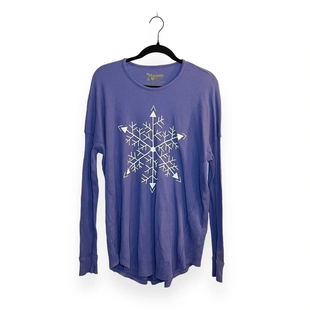 Show Me Your Mumu Snowflake Bosco Thermal Top Blue Oversized Waffle Knit S